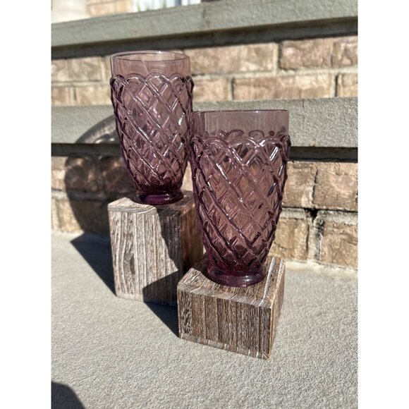 L.E. Smith Amethyst Laced Trellis Mid Century Glass Tumblers. - Picture 3 of 6